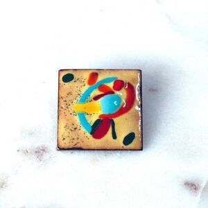 Vintage Abstract Enamel Art Brooch Multicolor Square Modernist Pin Copper Back
